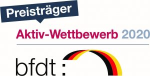 Logo bfdt: Regenbogen in schwarz-rot-gold. Darüber steht Preisträger Aktiv-Wettbewerb 2020