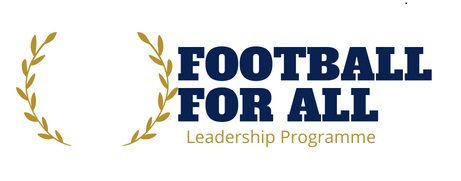 Football for all Logo: Schriftzug Football for all in blau, darunter goldener Schriftzug: Leadership Program