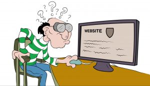 ein älterer Mensch mit dicker Brille guckt auf einen Bildschirm mit einer Webseite. Er versteht den Inhalt nicht.