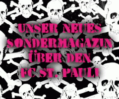 schwarzer Hintergrund, davor weiße Totenköpfe, davor pinker Schriftzug: Unser neues Sondermagazin über den FC St. Pauli