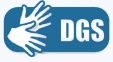 Zeichen für Gebärdensprache. grauer Hintergrund, links zwei weiße Hände in Gebärdensprache, rechts in Großbuchstaben DGS