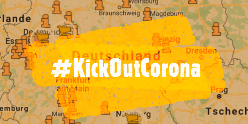 Ein Auschnitt einer Deutschlandkarte auf dem in weißen Lettern #KickOutCorona steht.