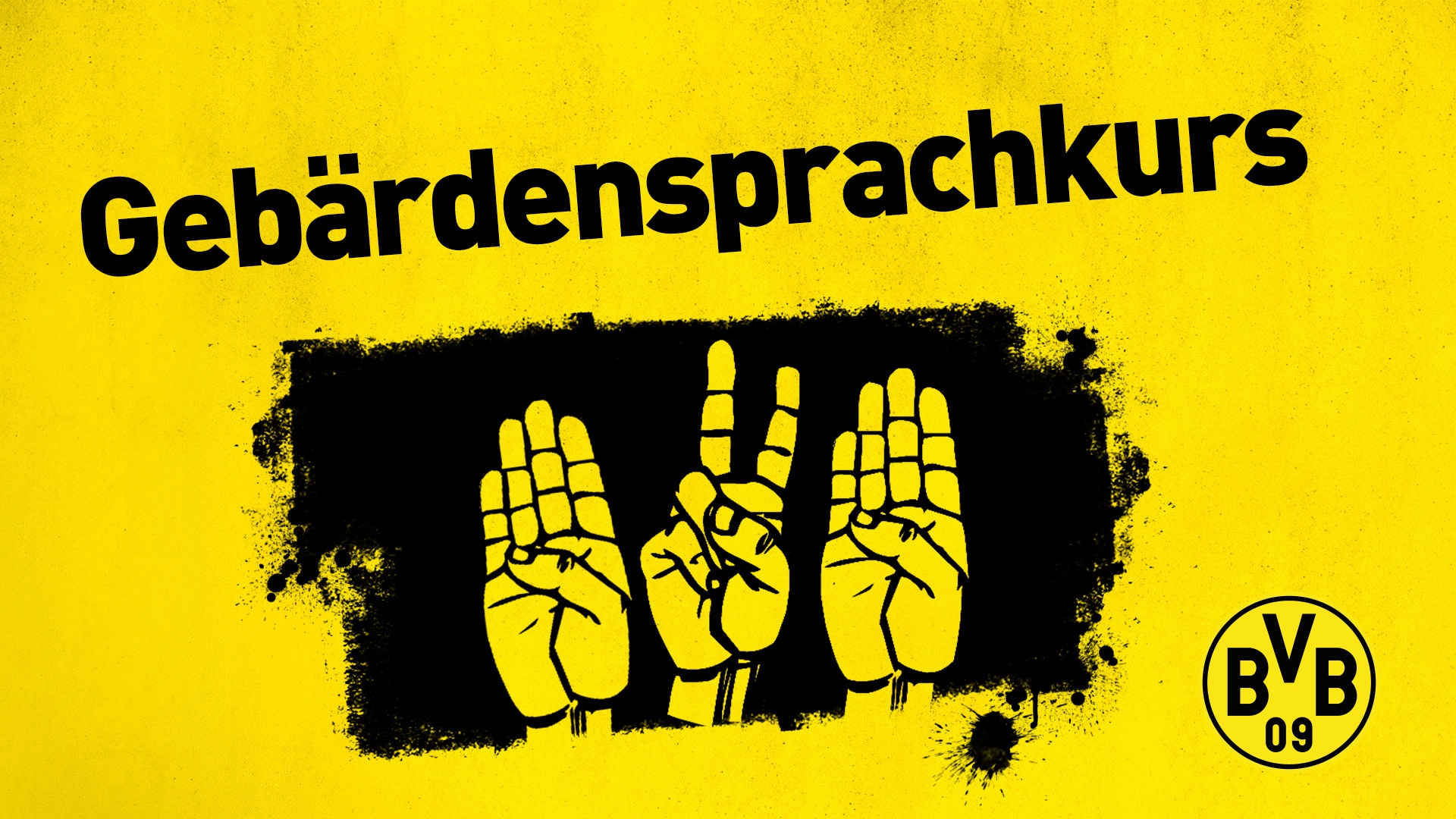 Text Gebärdensprachekurs, darunter Handzeichen für BVB in Gebärdensprache. Das gesamte Bild ist schwarz-gelb.