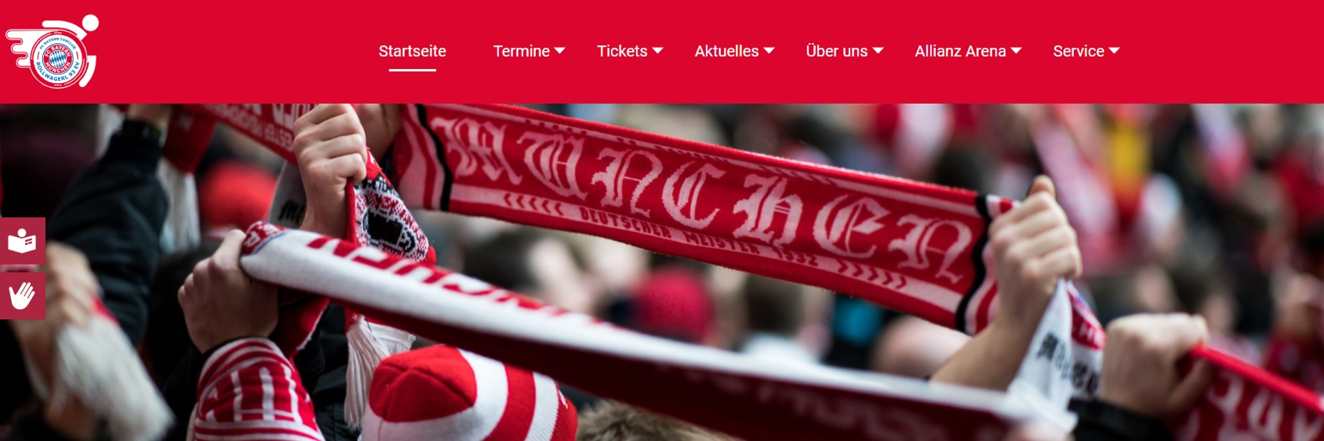 Screenshot der neuen Webseite des Rollwagerl 93 eV-Fanclubs. Auf de Foto sind FC Bayern-Fans mit Schals zu sehen.