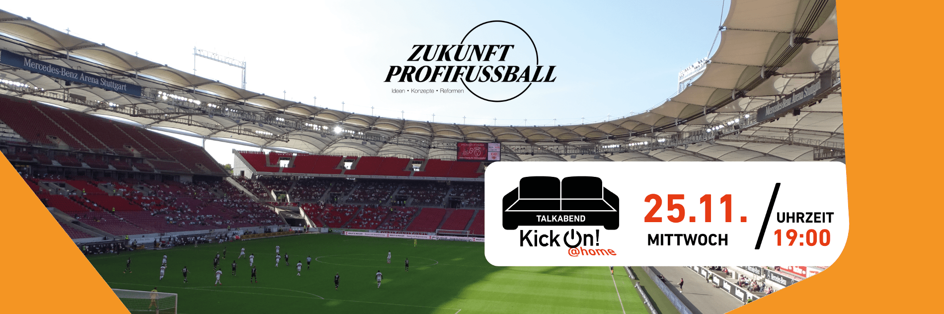 Stadion mit wegen der Corona-Pandemie nur teilweise gefüllten Rängen vor dem Logo von Zukunft Profifußball.