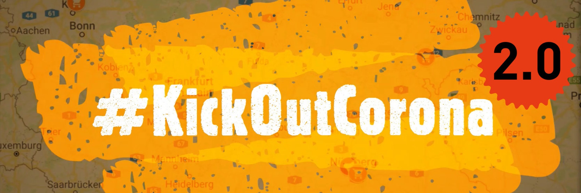 Ein Auschnitt einer Deutschlandkarte auf dem in weißen Lettern #KickOutCorona steht.
