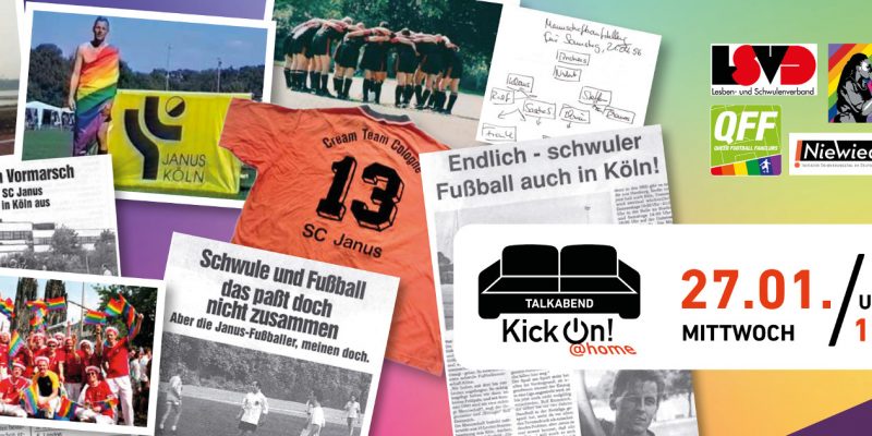 Collage aus Zeitungsartikeln, Fotos und Gegenständen aus 40 Jahren queerer Sporthistorie.