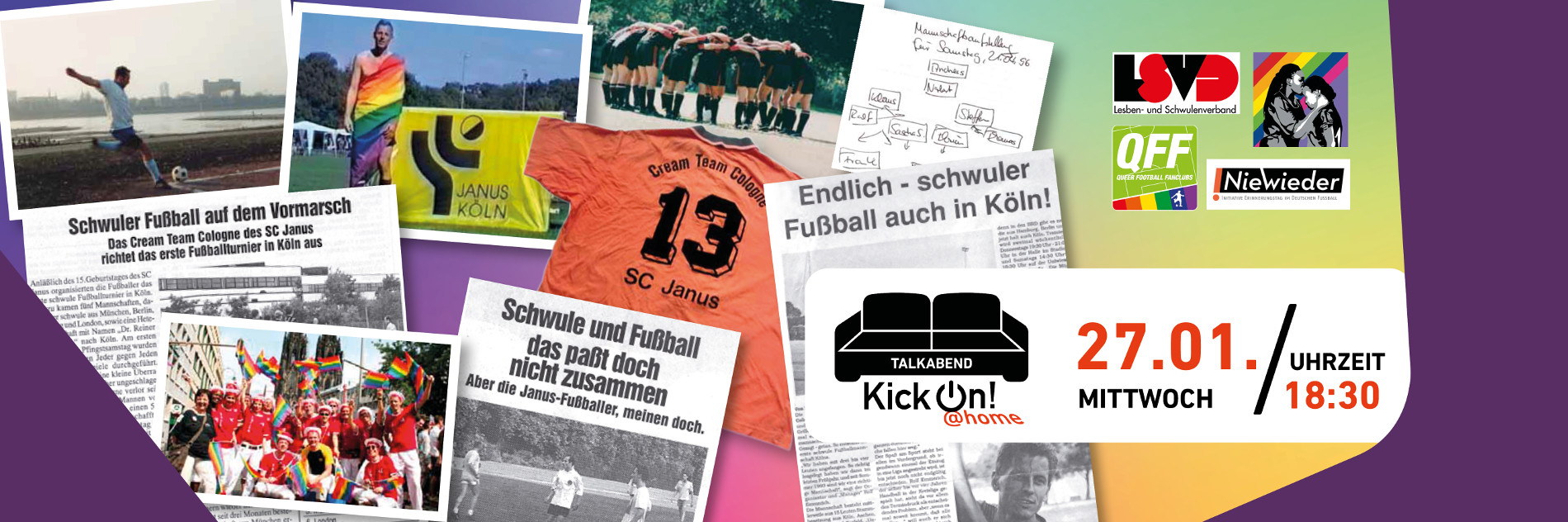 Collage aus Zeitungsartikeln, Fotos und Gegenständen aus 40 Jahren queerer Sporthistorie.