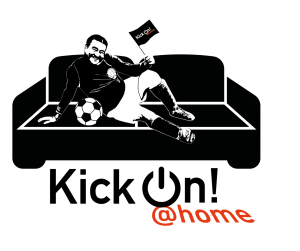 Logo der Reihe KickOn @Home - ein schwarz-weißes Sofa mit einem Mann mit Fähnchen und Fußball in Seitenlage, darunter der Text "KickOn @Home"