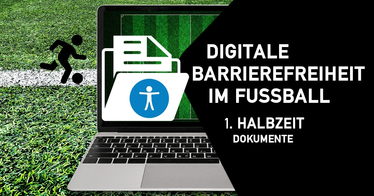 Laptop mit Zeichen für Barrierefreiheit, im schwarzen Fünfeck steht nochmal die Überschrift zur Schulung. Hintergrund Fußballrasen.