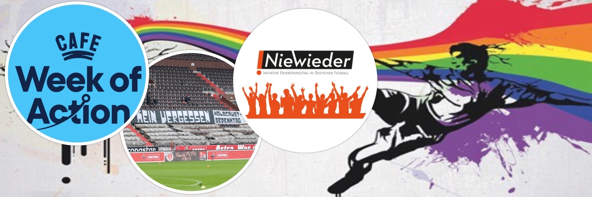 Collage aus den NieWieder- und CAFE-Aktionswochen Logos sowie von Spruchbändern von Fans.