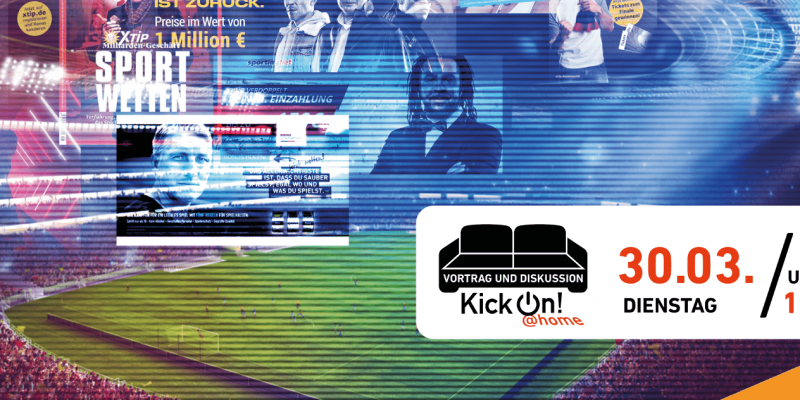 Collage mit Sportwetten-Werbung. Im Hintergrund ein Fußballspiel in einem gefüllten Stadion.