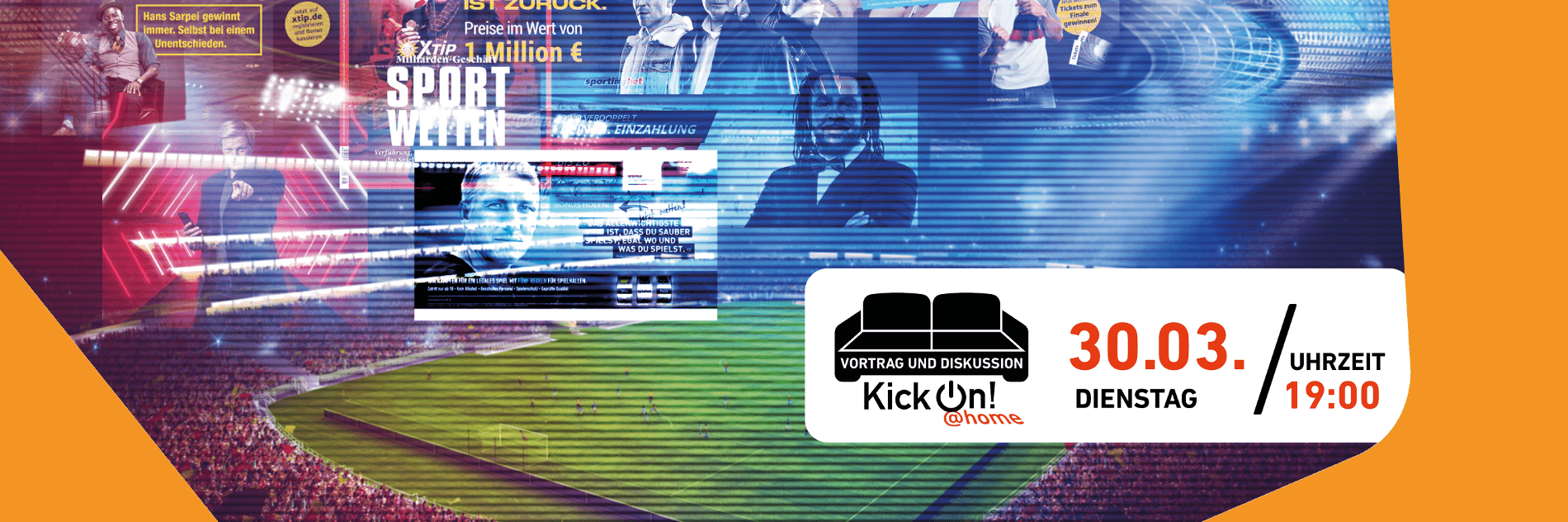 Collage mit Sportwetten-Werbung. Im Hintergrund ein Fußballspiel in einem gefüllten Stadion.