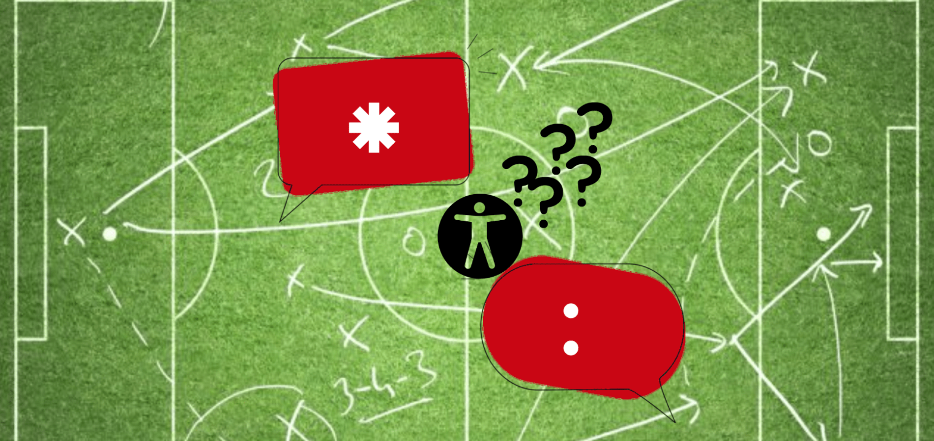 Eine Fußball-Taktiktafel im Hintergrund. Davor sind zwei Sprechblasen mit Genderstern und Doppelpunkt. In der Mitte befindet sich ein Zeichen für Barrierefreiheit samt mehrerer Fragezeichen.