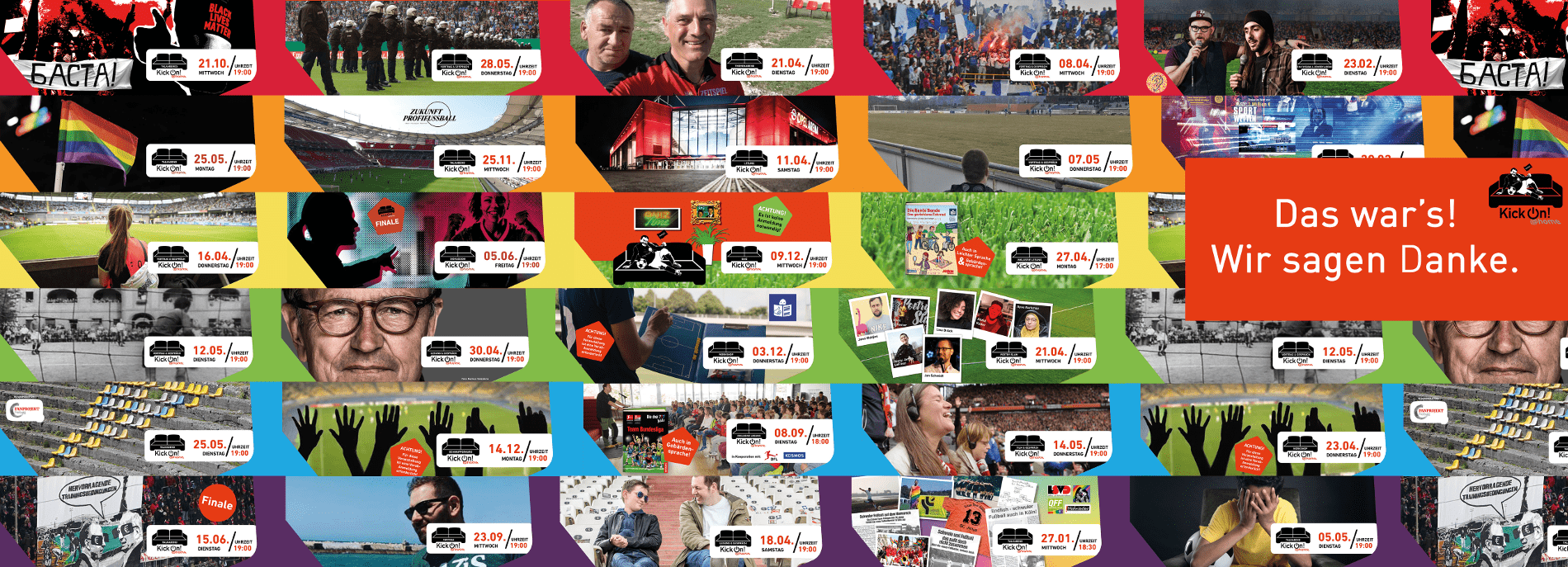 Collage aus den Grafiken zu allen 28 KickOn@Home-Veranstaltungen. Die Grafiken wurden farblich so sortiert, dass sich ein Regenbogen ergibt. Über den Grafiken ist ein "Das war's! Wir sagen Danke!"-Schriftzug zu lesen.