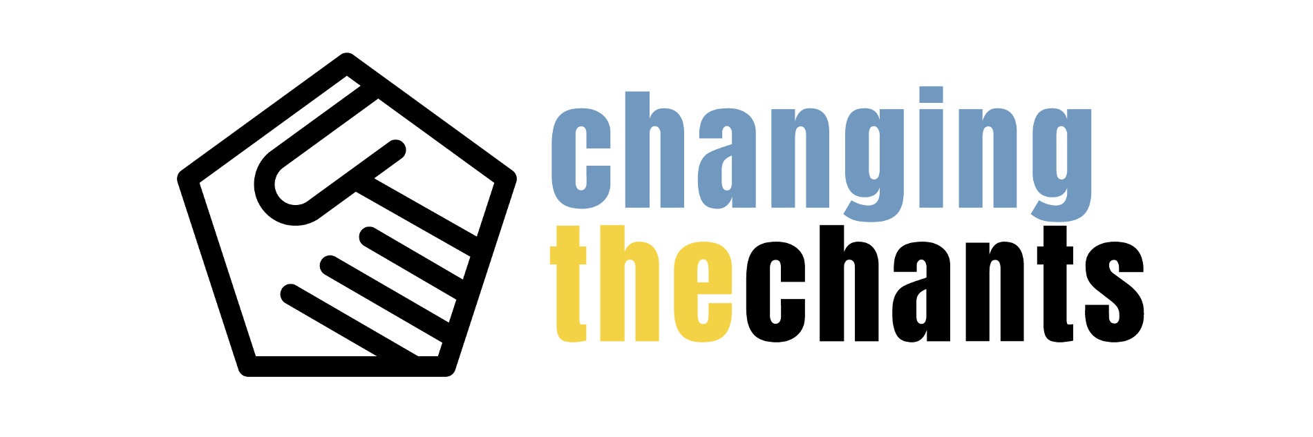 Changing the Chants-Logo bestehend aus zwei Händen, die sich berühren, einem blauen "changing", einem gelben "the" und einem schwarzen "chants"-Schriftzug.