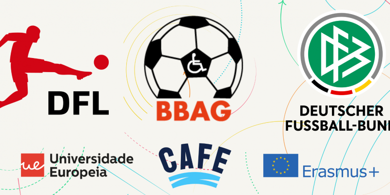 Grafik mit 6 Logos: Oben die Logos von DFL, BBAG und DFB. Darunter die Logos der Universidade Europeia sowie von CAFE und Erasmus+.“