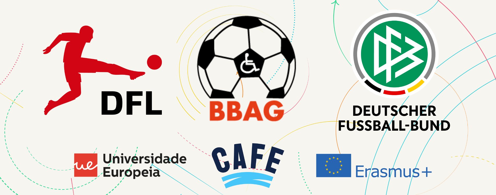 Grafik mit 6 Logos: Oben die Logos von DFL, BBAG und DFB. Darunter die Logos der Universidade Europeia sowie von CAFE und Erasmus+.“