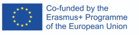 Links: Die Europaflagge besteht aus einem Kranz von zwölf goldenen Sternen auf blauem Hintergrund. Links: Blauer "Co-funded by the Erasmus+ Programme of the European Union"-Schriftzug.