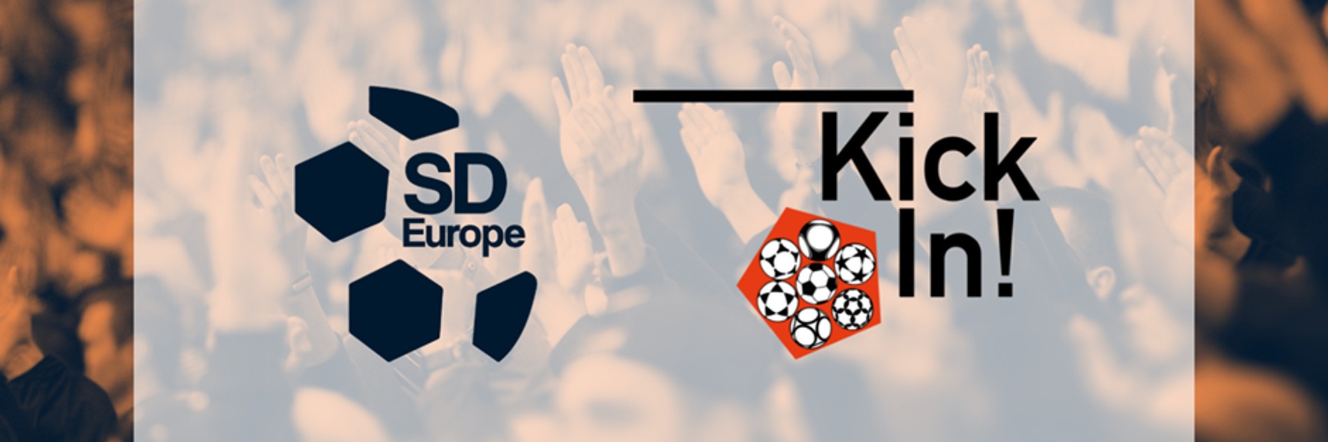 Links das SD Europe-Logo bestehend aus einem angedeuteten Fußball. Rechts das KickIn!-Logo mit einem Fünfeck, in dem sieben verschiedene Fußbälle zu sehen sind.