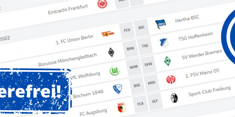 Screenshot mit Spielpaarungen aus dem Bundesliga-Spielplan. Darüber ein "barrierefrei"-Stempel sowie das Logo für Barrierefreiheit.