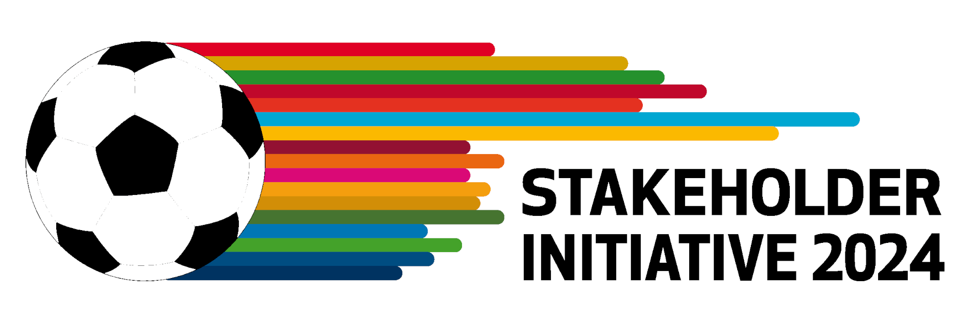 Ein Fußball, der einen Regenbogen hinter sich lässt und damit seine Flugrichtung Preis gibt. Dazu ein „Stakeholder Initiative 2024“-Schriftzug.