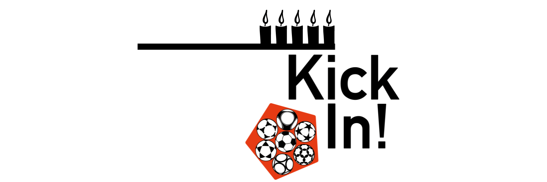 KickIn!-Logo mit sieben unterschiedlichen Fußbällen in einem Fünfeck, dazu fünf Kerzen.