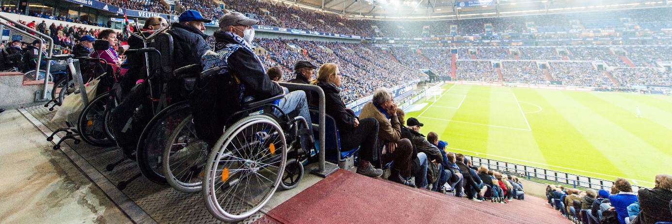 Menschen mit Rollstuhl in der Veltins Arena mit Blick auf das Spielfeld.