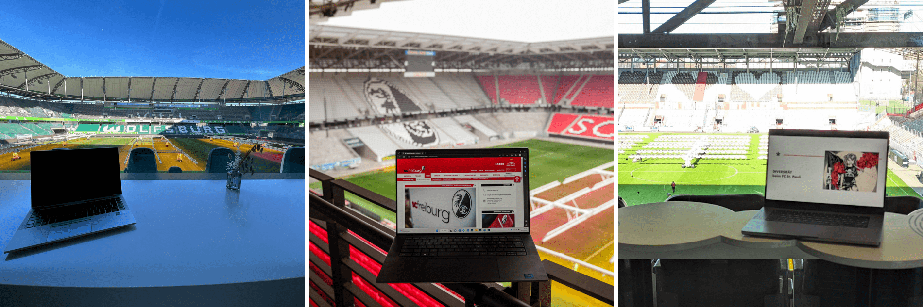 Tisch mit Blick aus dem Fenster auf die Tribünen in drei verschiedenen Stadien. Im Vordergrund ein Laptop auf einem Tisch, im Hintergrund das Spielfeld.