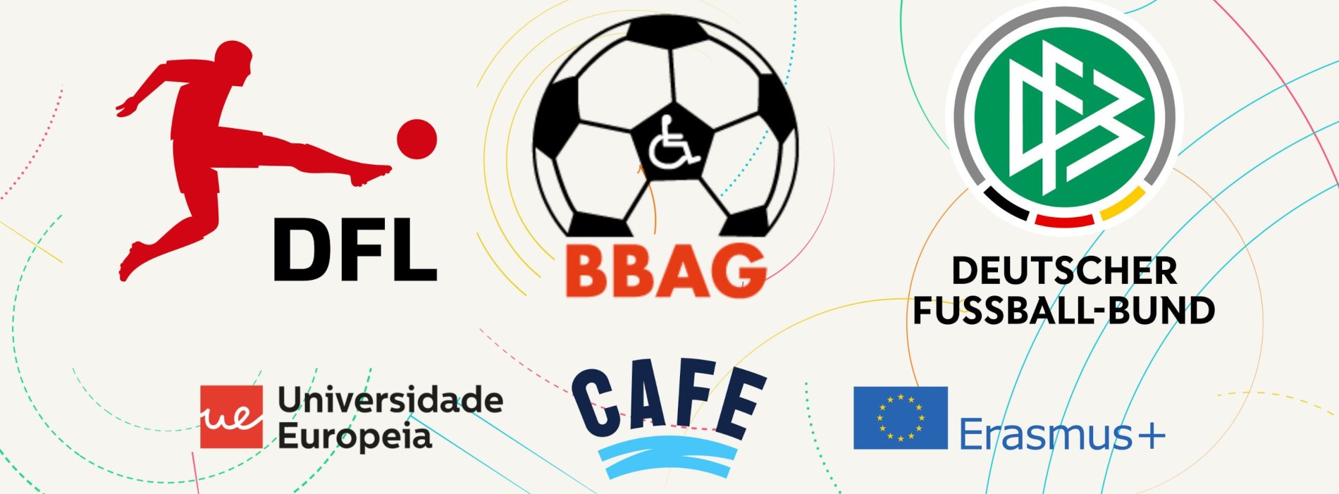 Grafik mit 6 Logos: Oben die Logos von DFL, BBAG und DFB. Darunter die Logos der Universidade Europeia sowie von CAFE und Erasmus+.