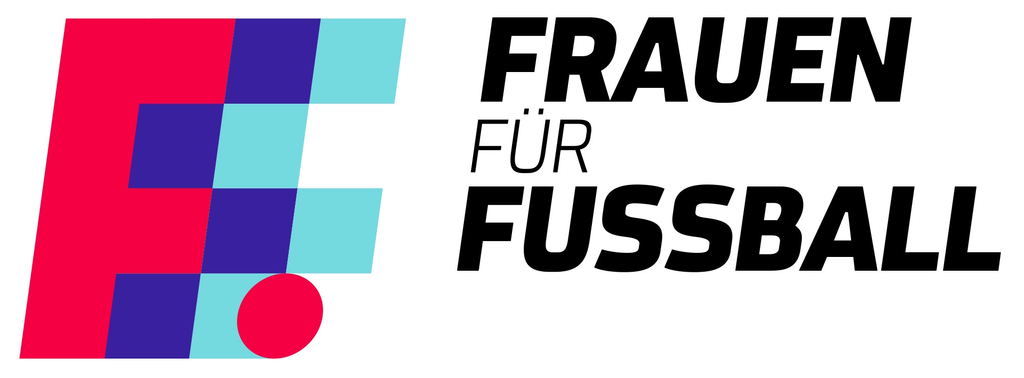 "Frauen Für Fussball"-Schriftzug. Daneben ein Logo, das drei Mal aus dem Buchstaben "F" in Rot, Violett & Hellblau sowie einem roten Punkt besteht.