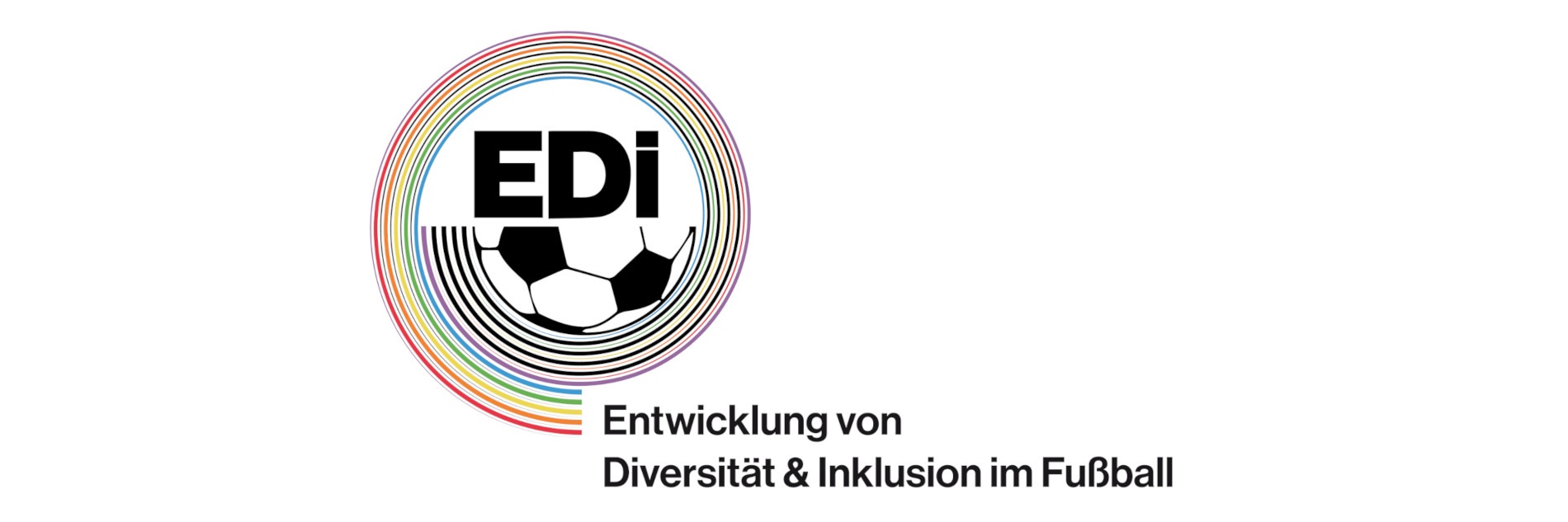EDi Logo mit einem Halben Fußball und bunten Kreisen darum. Darunter ein "Entwicklung von Diversität & Inklusion im Fußball"-Schriftzug.