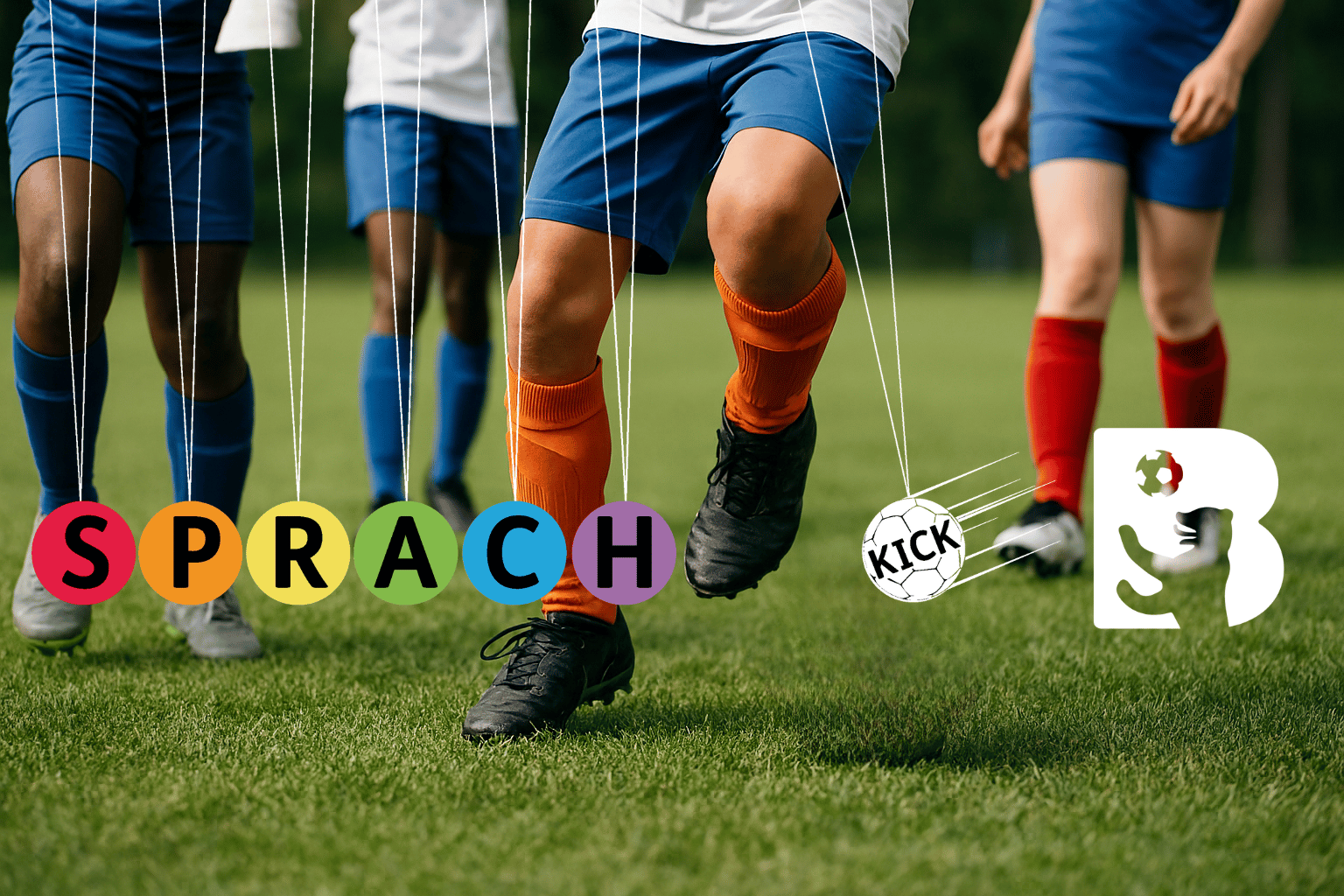 Beine von Fußballspieler*innen, die auf dem Rasen spielen, und darauf die Logos von SprachKick und dem Berliner Fußballverband.