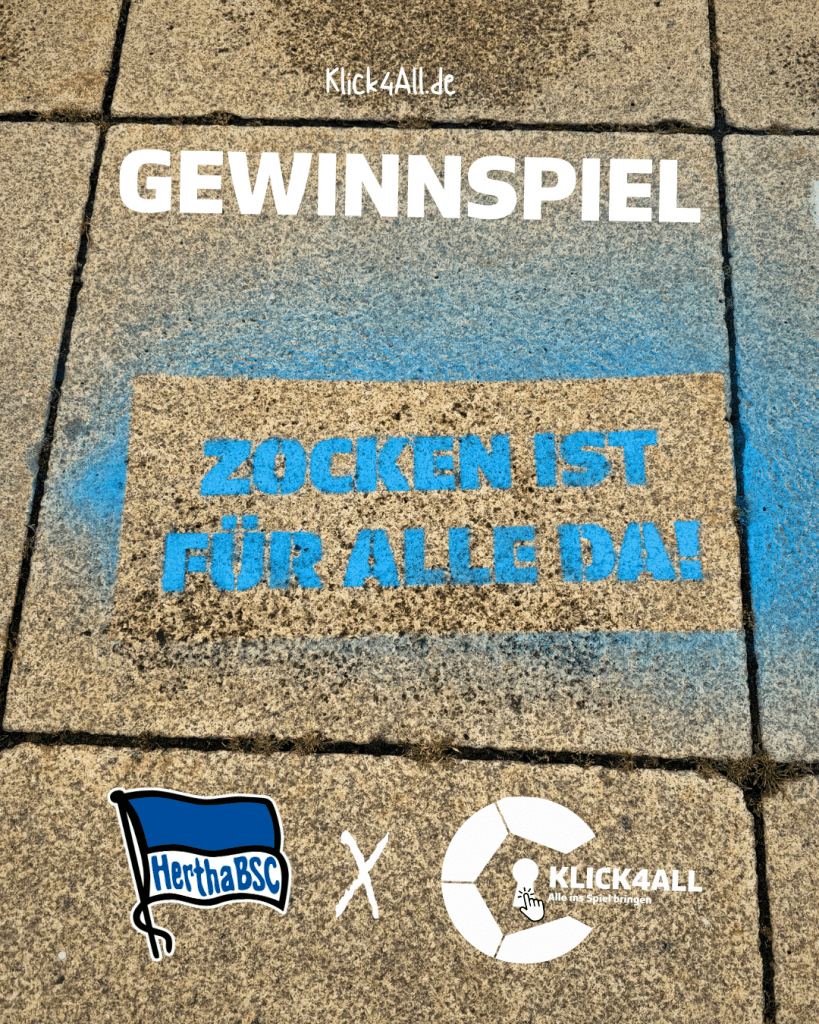 Gewinnspiel. Zocken ist für Alle da! Hertha BSC und Klick4All Logo